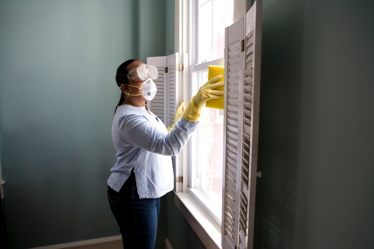 Professional cleaning supplies in a bright home